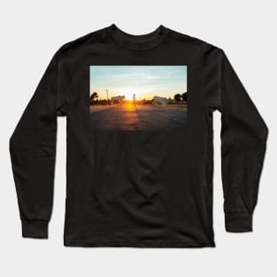 Silhouette of Boy Leading Cattle Across Road at Sunset in Burmese Countryside Long Sleeve T-Shirt